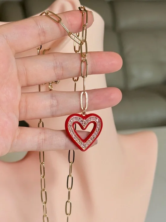 Gold Chain Necklace with Red Heart Pendant - Picture 6 of 7